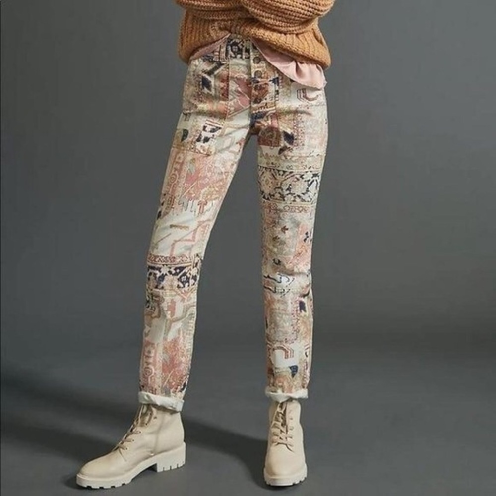 Anthropologie the wanderer tapestry printed button fly utility pants 28